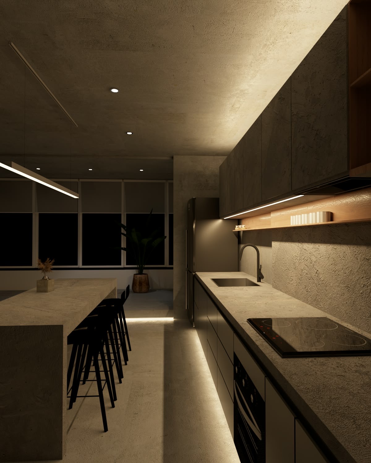 Render de diseño de una cocina en acabado concreto con iluminación cálida